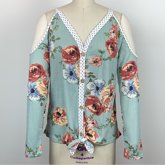 Oddi Retro Spring Floral Rose Polka Dot Teal Cutout Cold Shoulder Bow Top - Picture 16 of 16